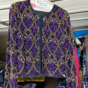 Laurence Kazar Purple and Black Beaded Suit Jacket